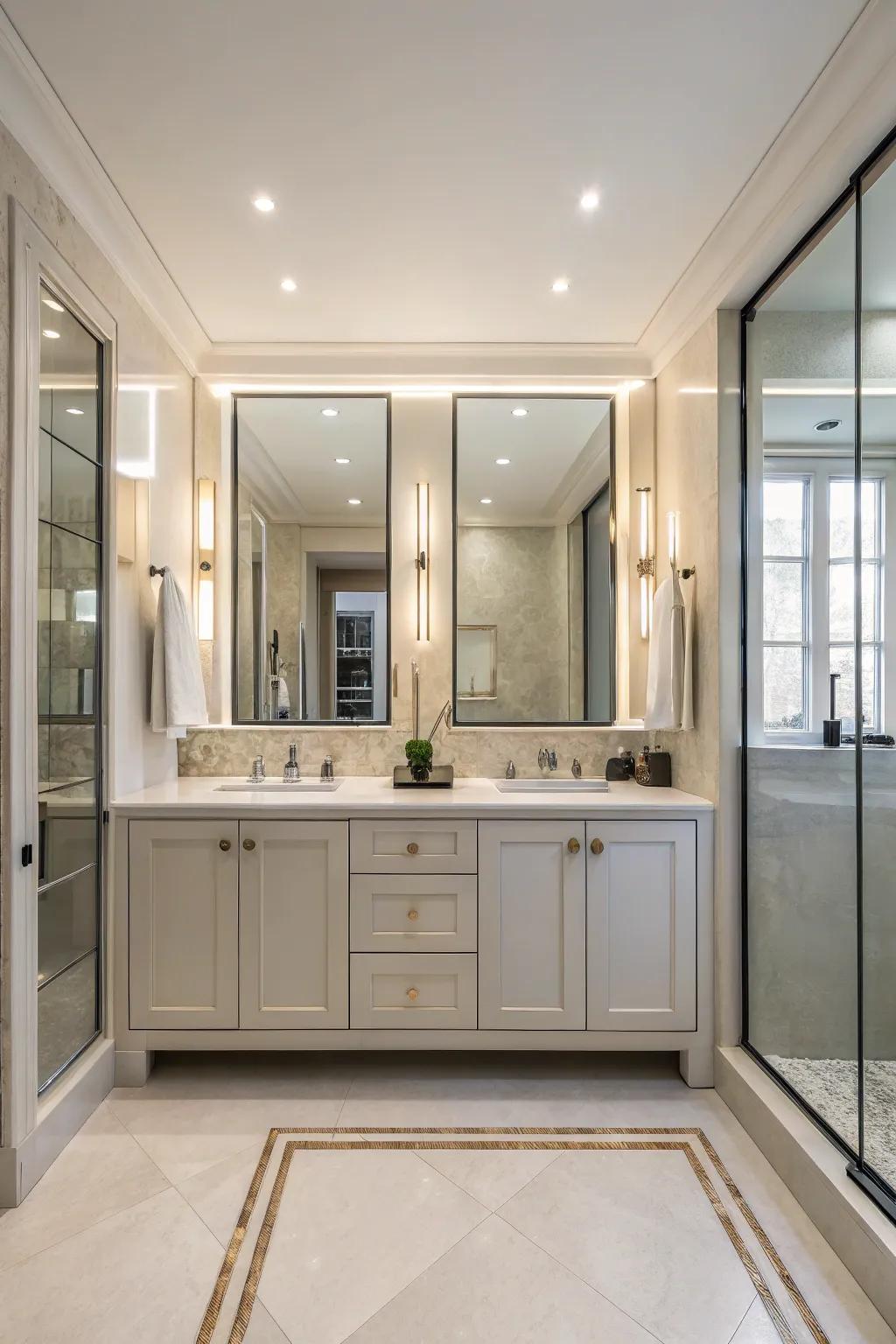 Mirrored shelves enhance light and create the illusion of space.