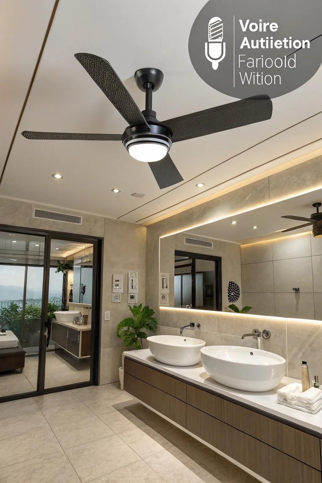 A high-tech bathroom showcasing a smart fan featuring modern technology.