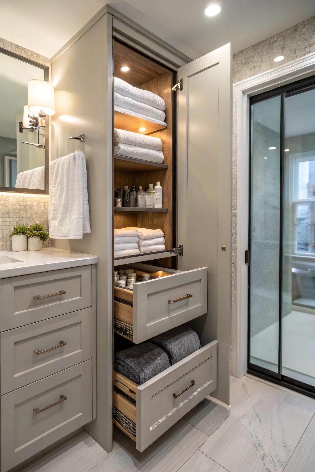Pull-out cabinets offer quick access and arrangement.