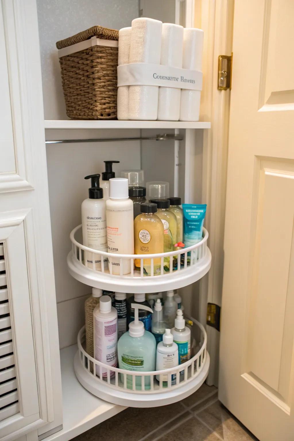 A rotating tray offers effortless access to stored items.