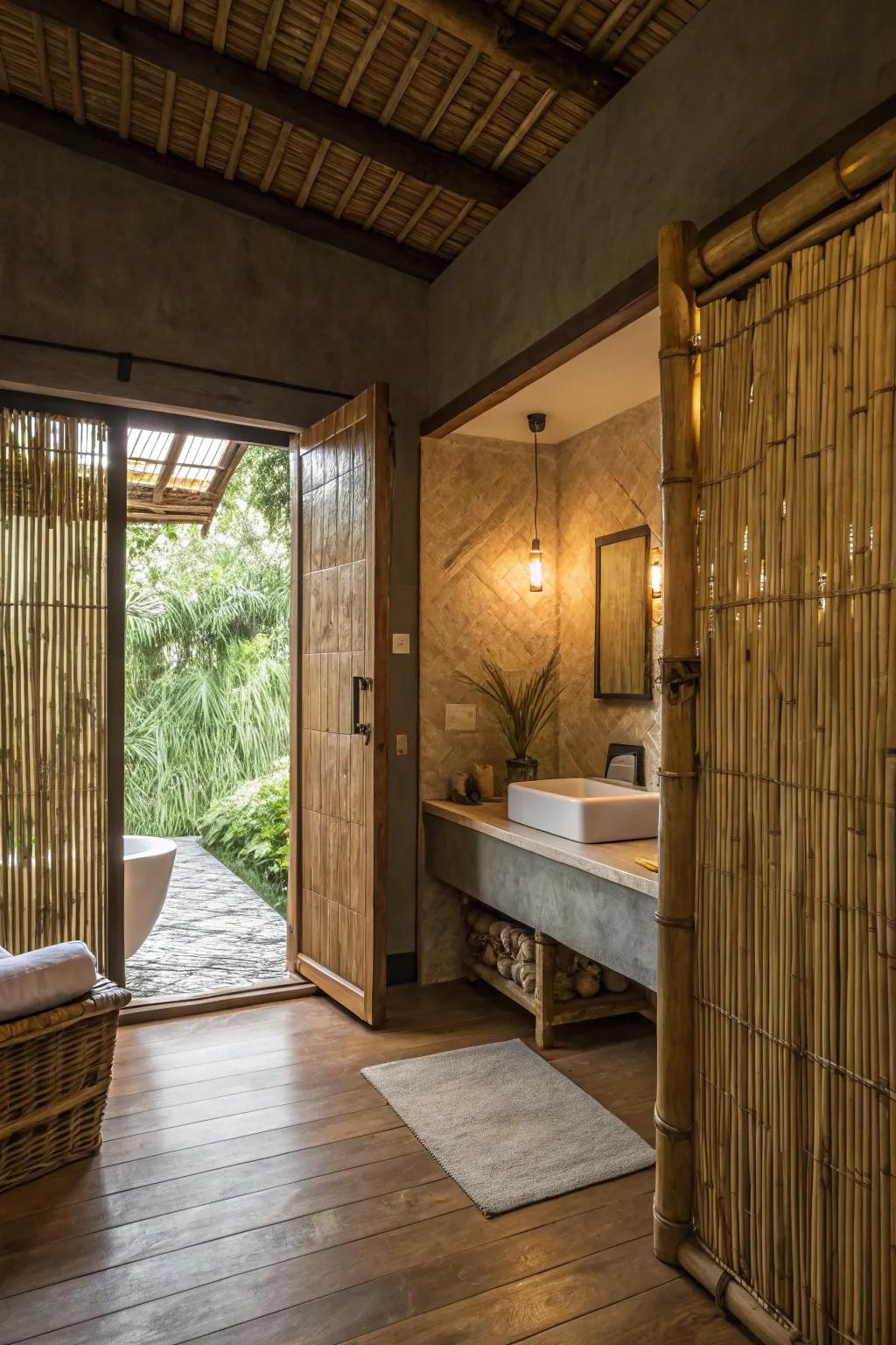 A tranquil and natural atmosphere is created by bamboo drapes.