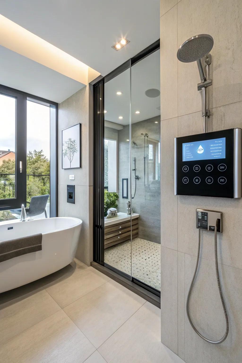 A bathroom design embraces the future with smart technology integration.