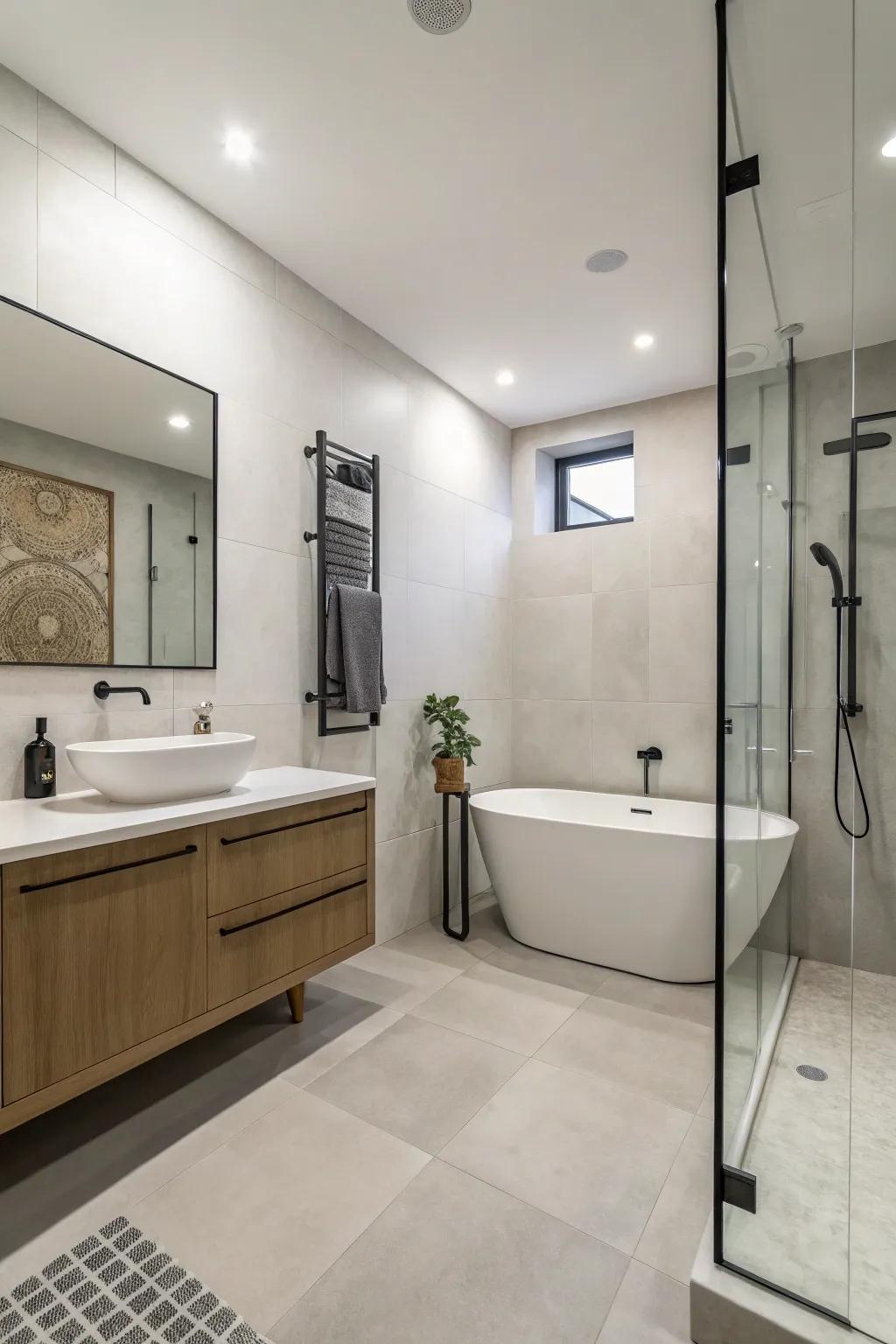 An essentialist haven bathroom with serene simplicity.