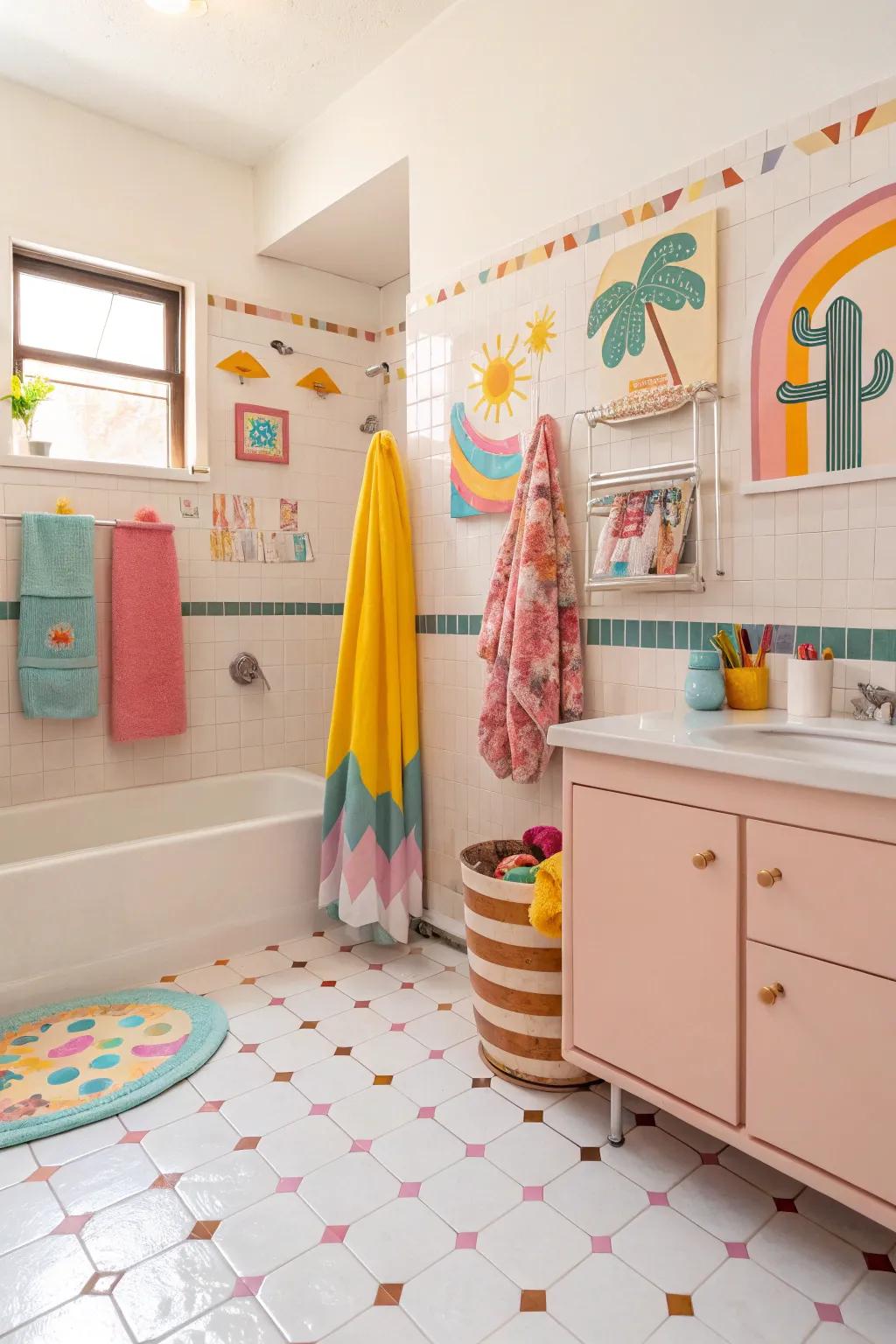 Pastel flooring brings a cheerful and playful vibe to this bathroom.