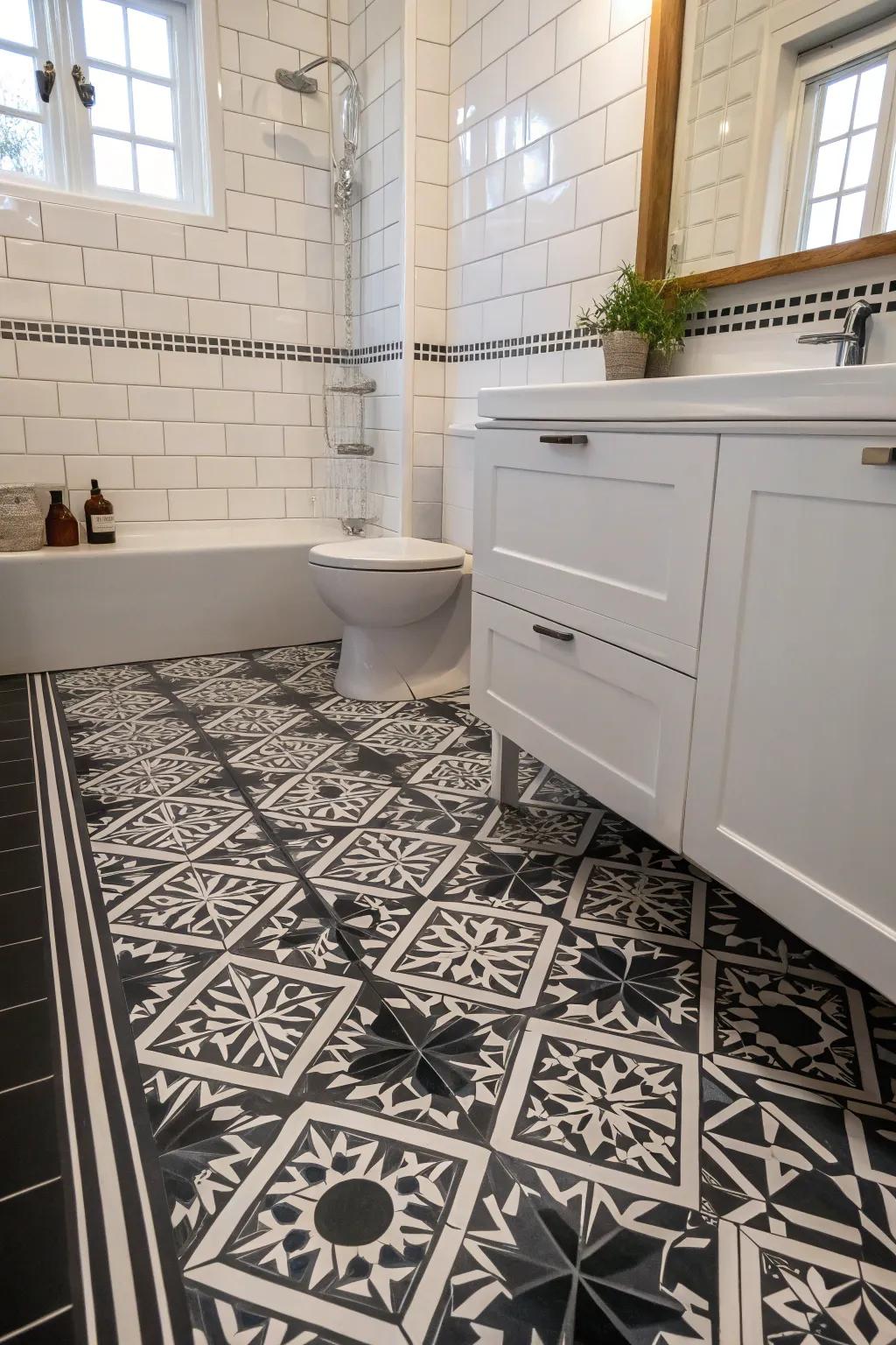 Geometric tile detailing transforms the black floor into an artistic focal point.