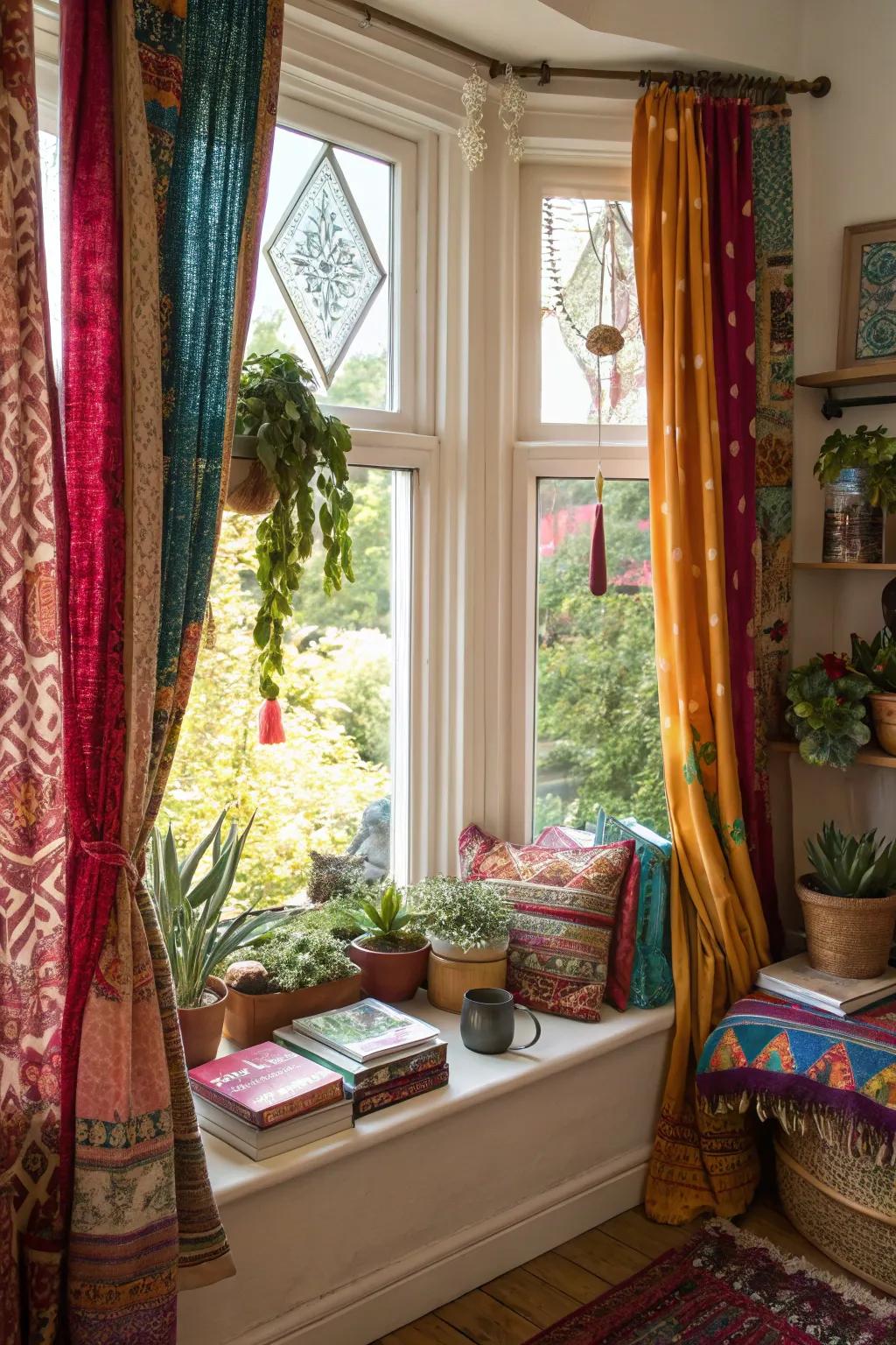 Introduce a bohemian atmosphere to your bay window using vibrant textiles and d&eacute;cor.