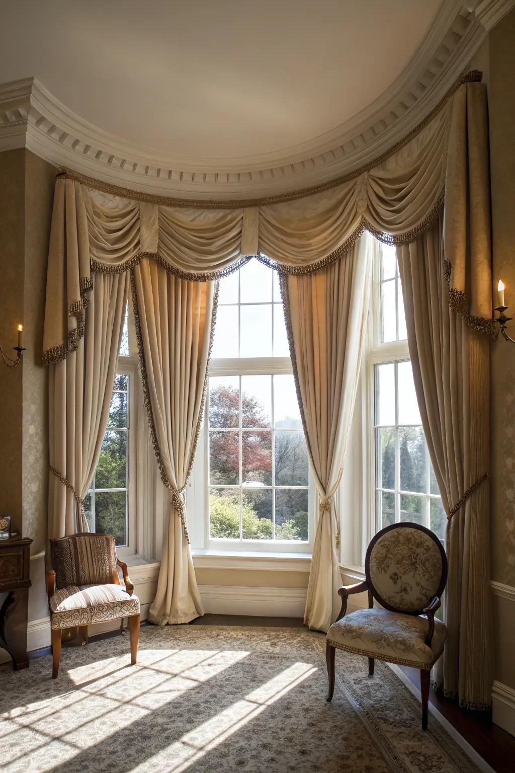 Flat valances paired with side drapes create a timeless look.