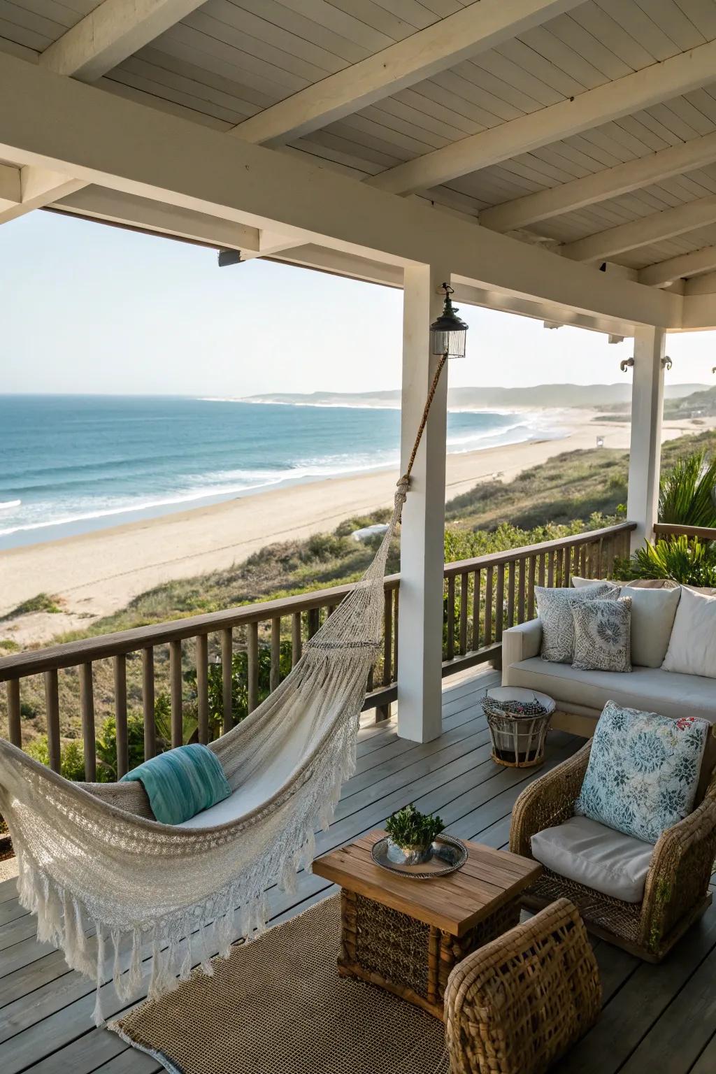 A hammock invites ultimate relaxation while enjoying the coastal breeze.