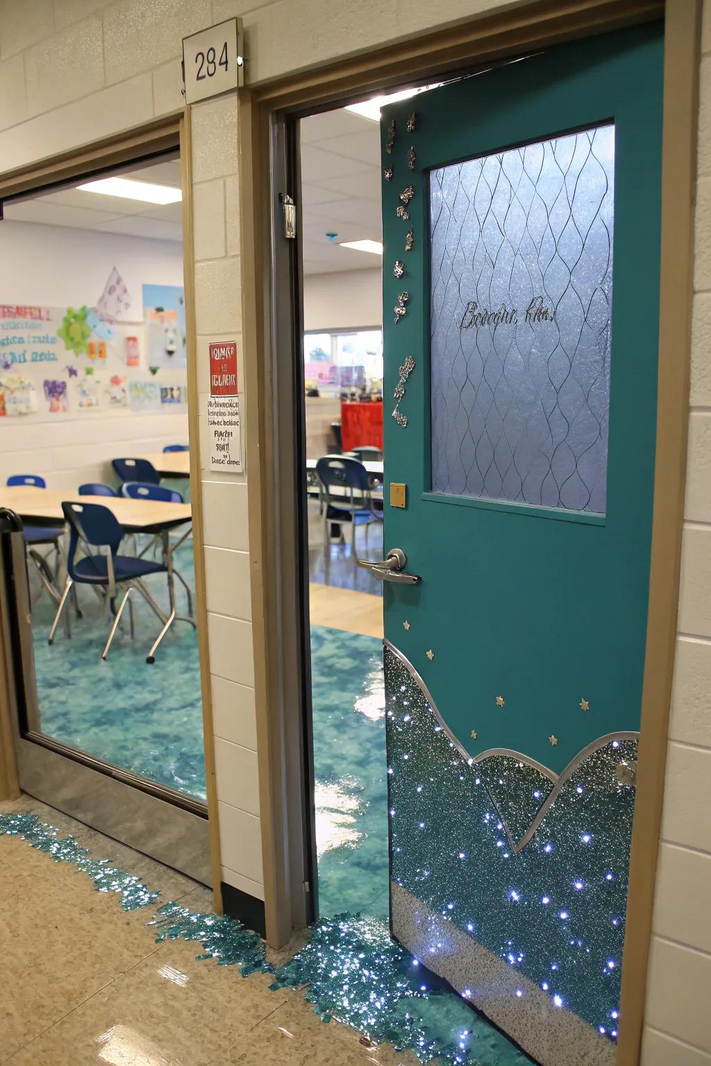 Glimmering sea effects on a classroom entrance for a magical touch.