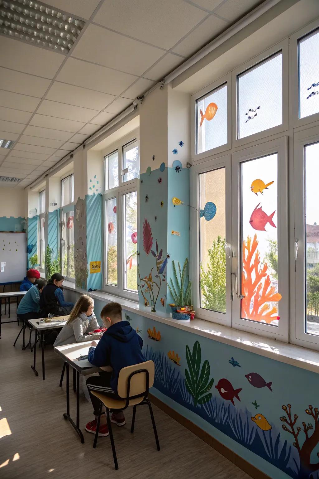 Aquatic-themed window clings add a playful and colorful aspect to the classroom.