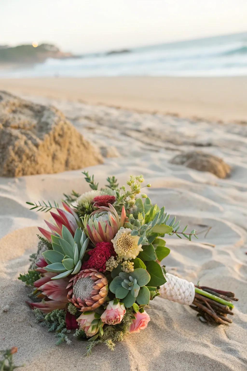 A textured bouquet bringing dimension to a beach wedding.