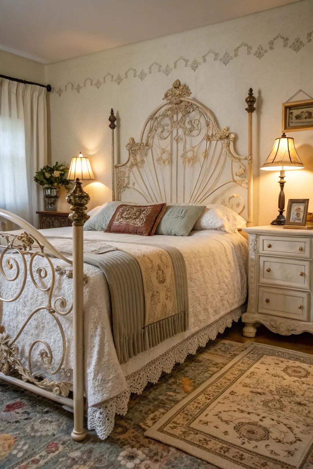 A vintage bed frame brings a touch of nostalgia and character.