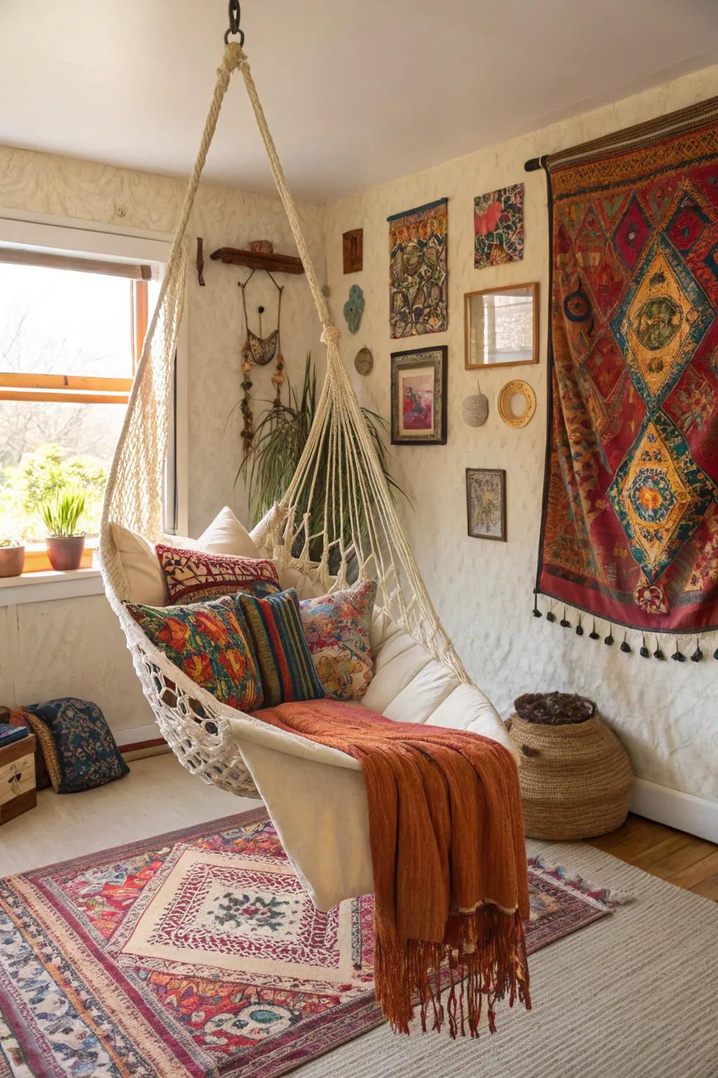 Hammock chairs enhance space with a relaxed ambiance.
