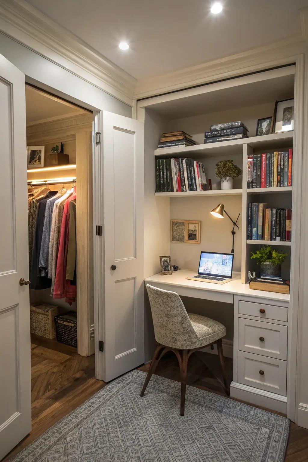 A hidden study nook adds functionality to your closet.