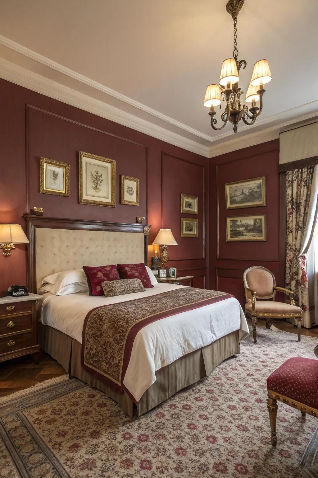 Stylish burgundies establish a cozy and elegant bedroom sanctuary.