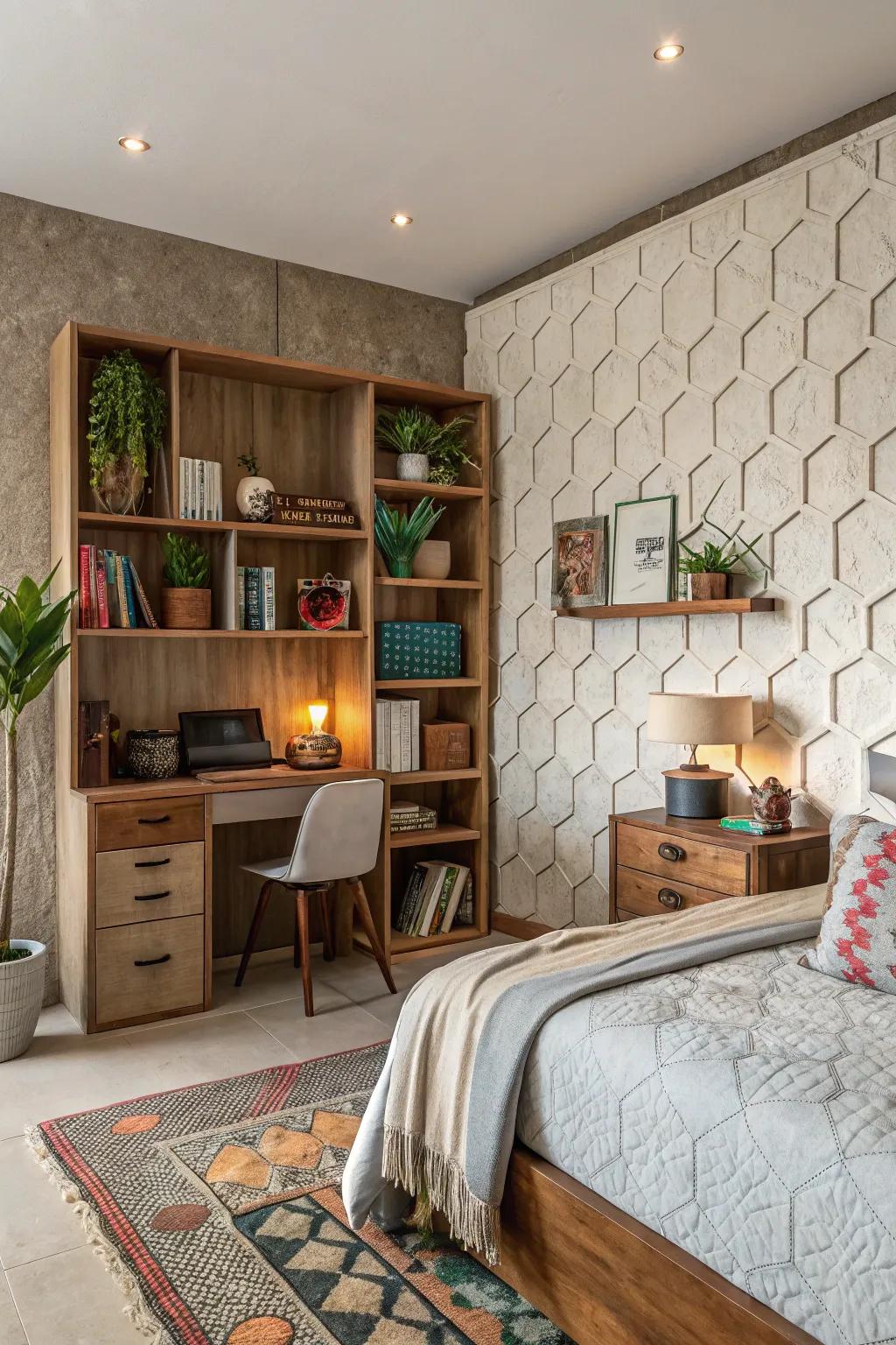 Enhance dimension by way of textured wall cubbies.