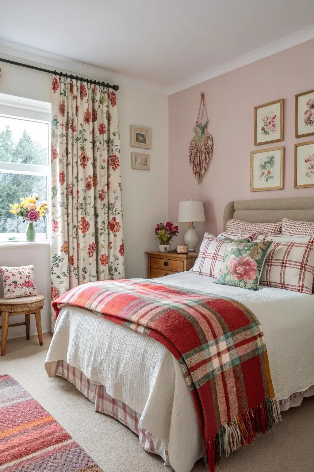 Mixed patterns in a cohesive color scheme add depth and interest to this playful bedroom.