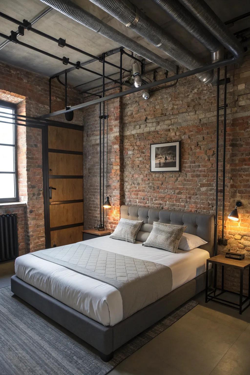 Industrial details add a modern and robust touch to the bedroom.