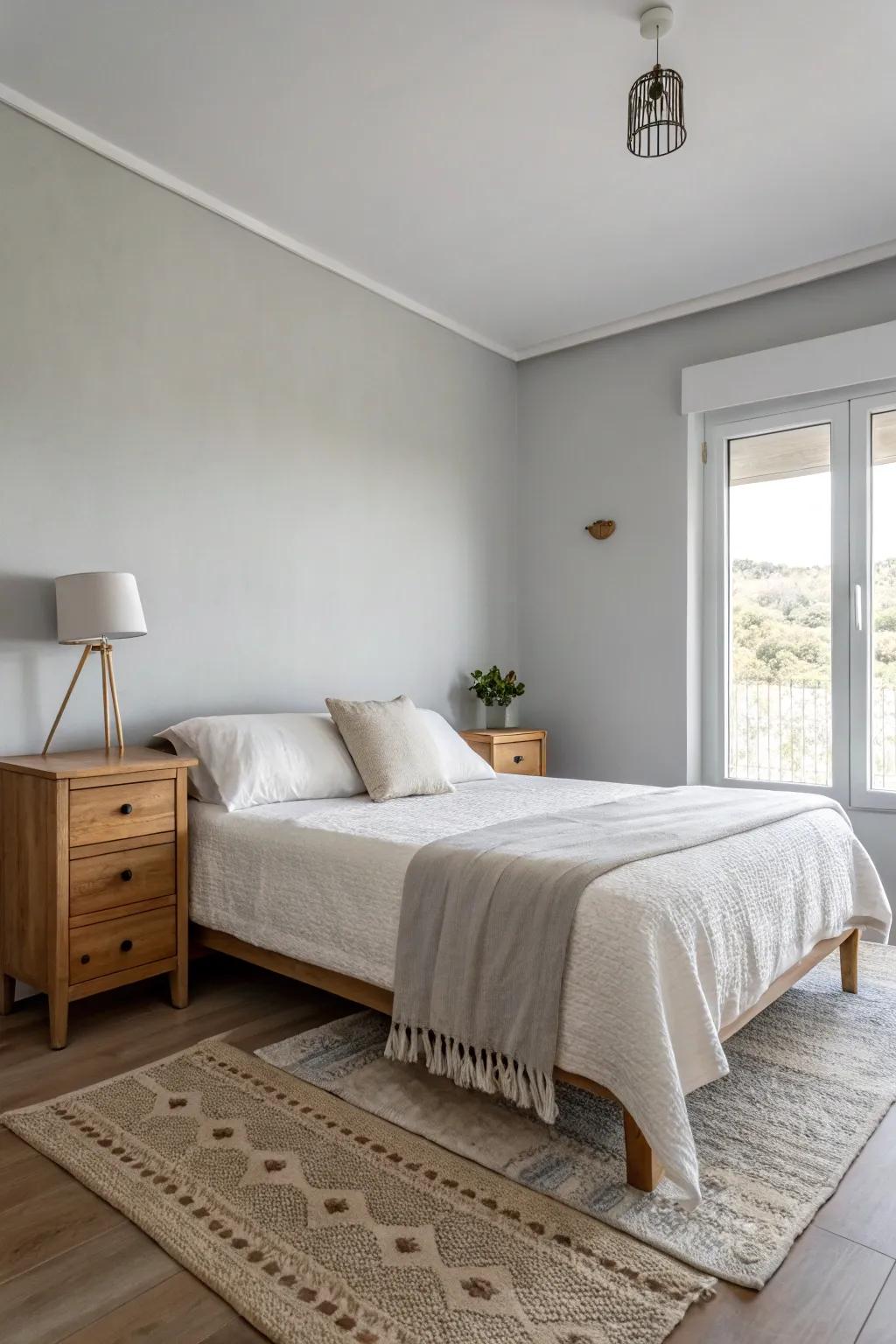 Minimalist ornamentation fashions a pristine and calming atmosphere in this bedroom.