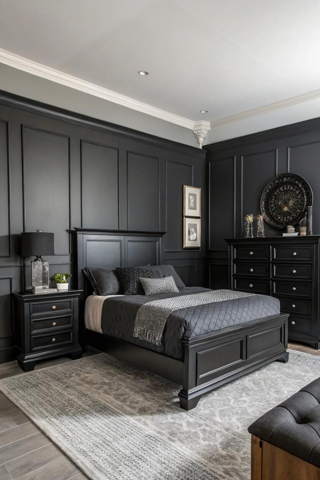 A single tone color scheme featuring dark furniture adds depth and a contemporary appeal.