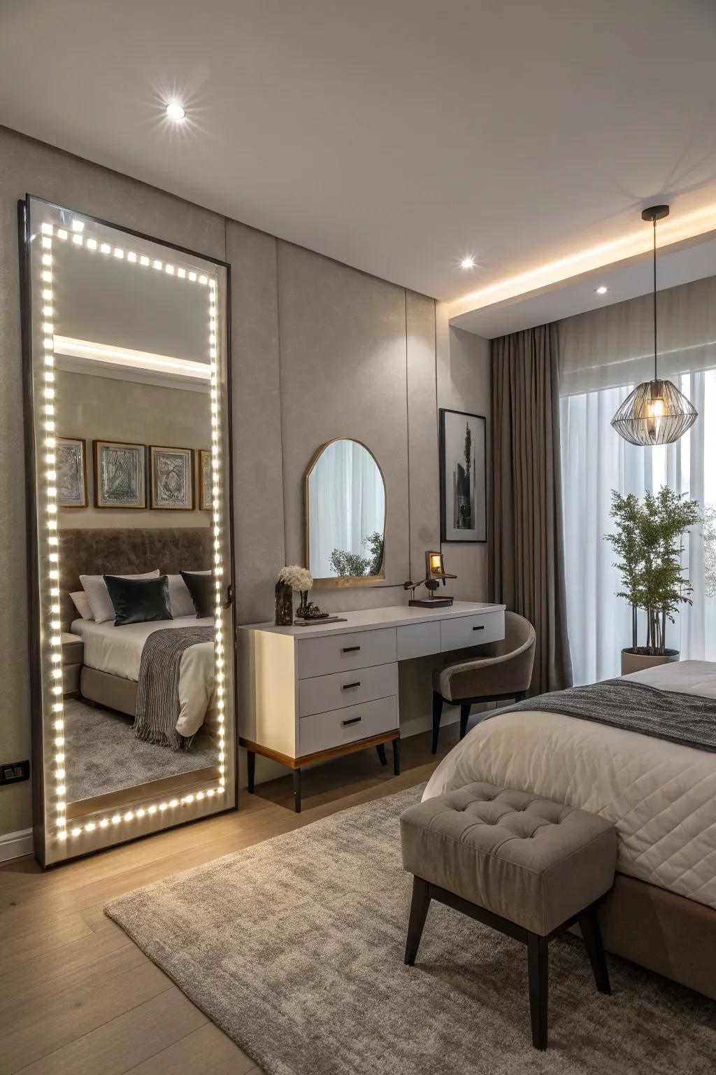 Mirrors with edge lighting add a sleek touch to bedroom décor.
