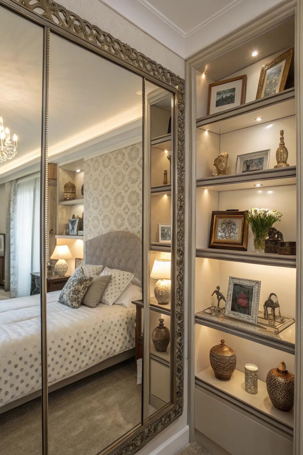 Mirrored shelves in a bedroom amplify light and provide an area for decorative display.