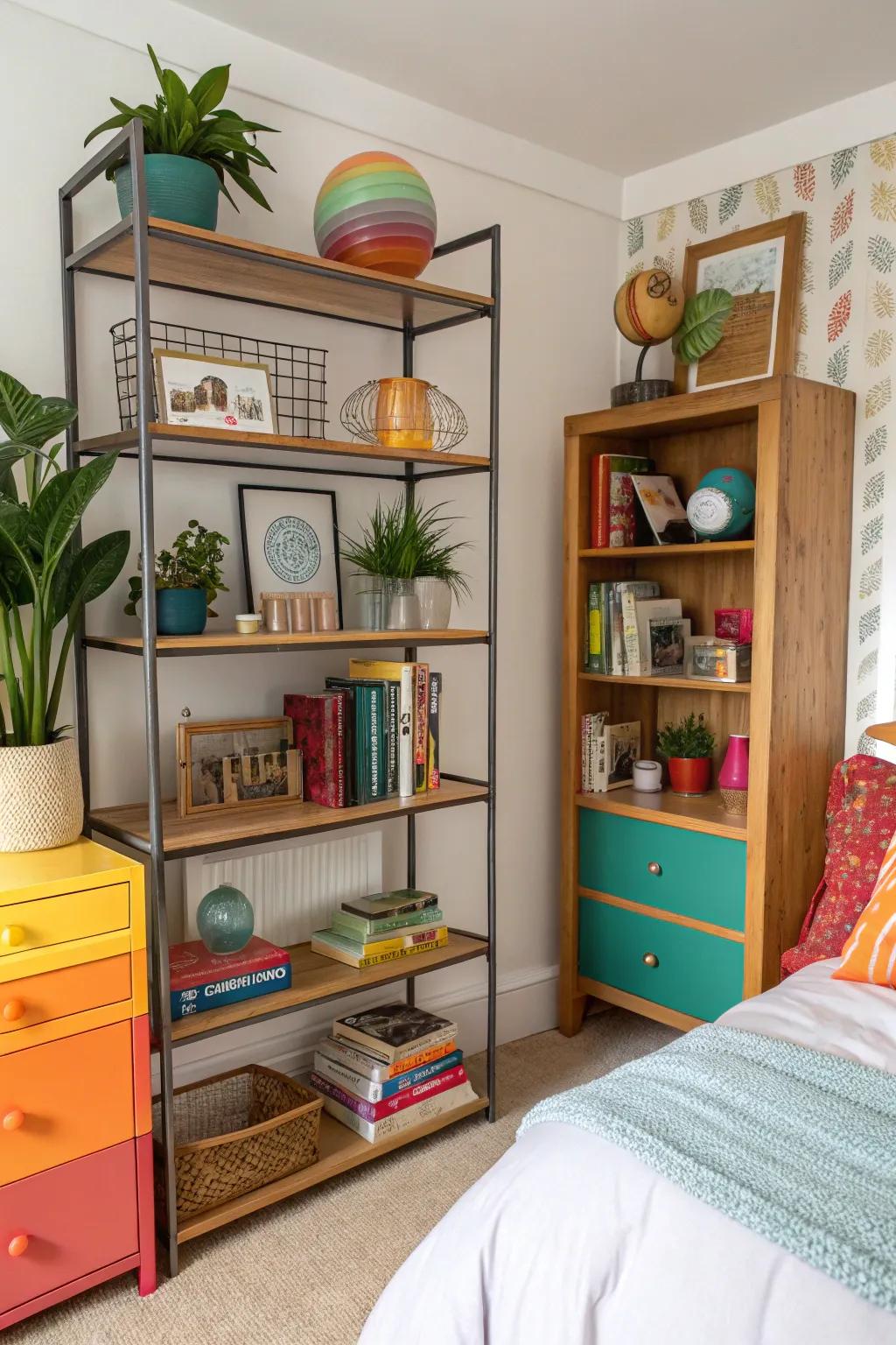 Mixing shelf styles contributes a vibrant and personal touch to decor.