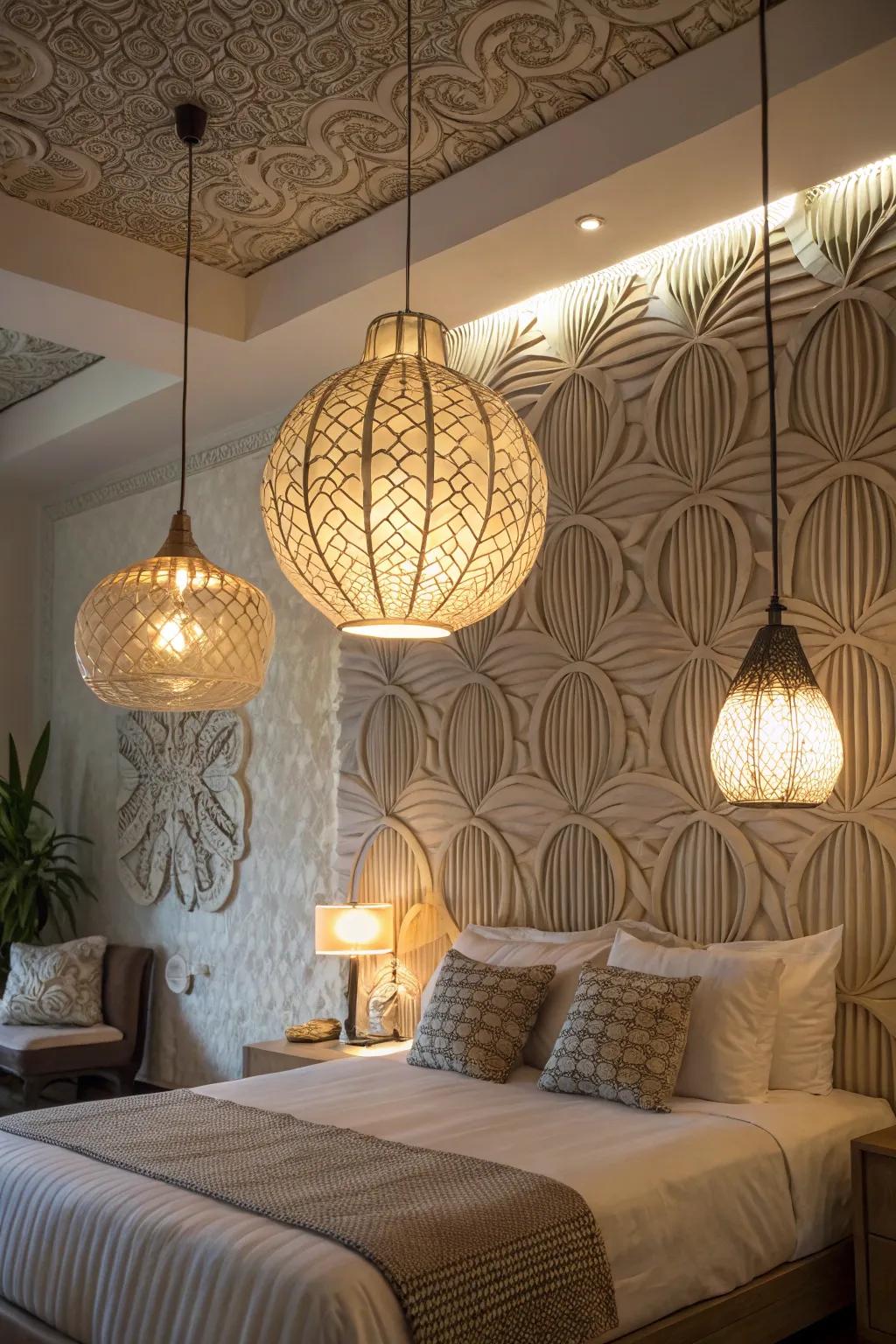 Feature lighting enhances bedroom walls with both style and function.