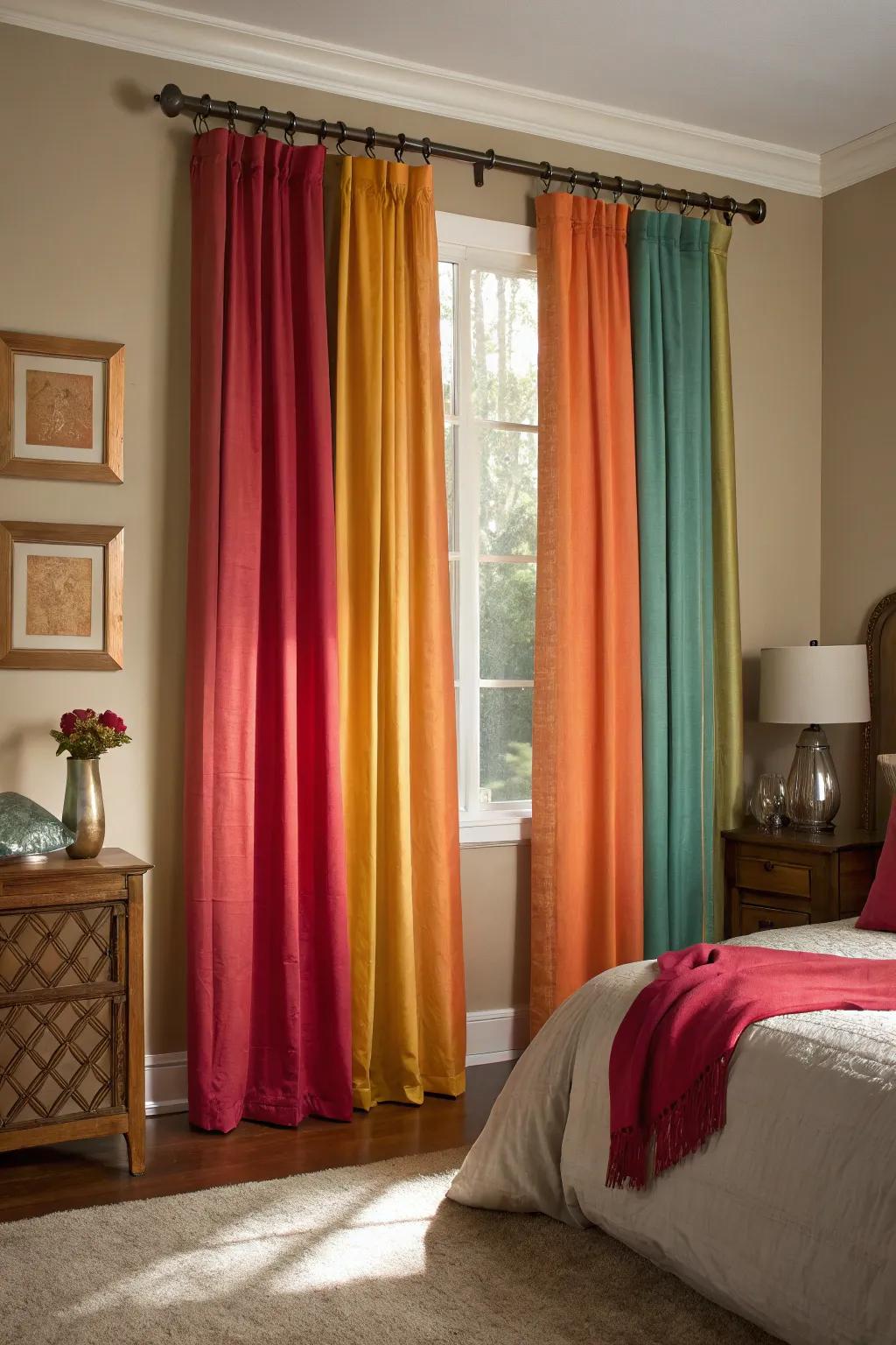 Vibrant drapery adds a striking contrast and dynamic energy.