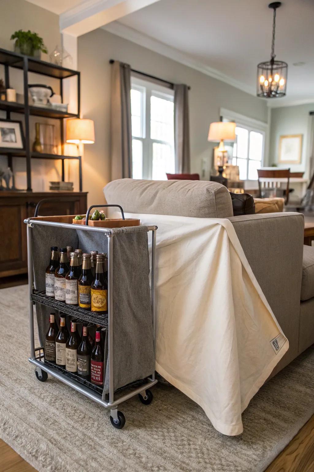An concealed bar truck in the parlor putting away ale bottles elegantly.