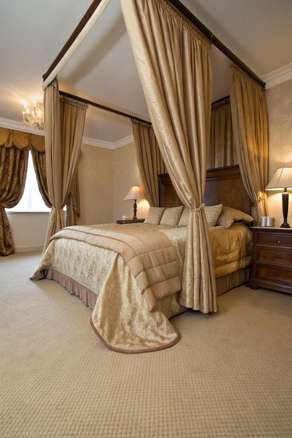 Deluxe fabrics create an opulent atmosphere in a bedroom with a beige carpet.