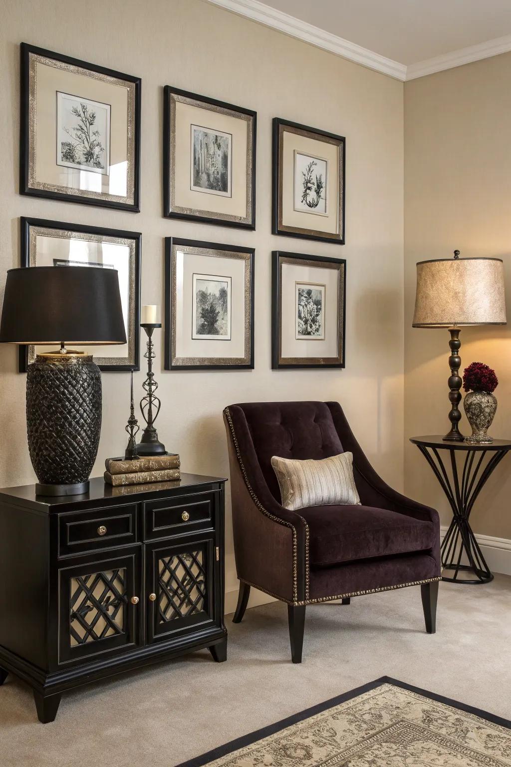 This beige interior is characterized by the use of dark elements that generate striking contrasts.