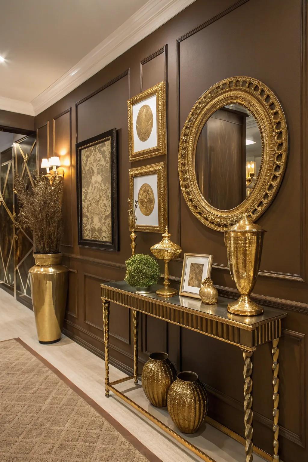 Glamour meets coziness through walnut and metallic blends.