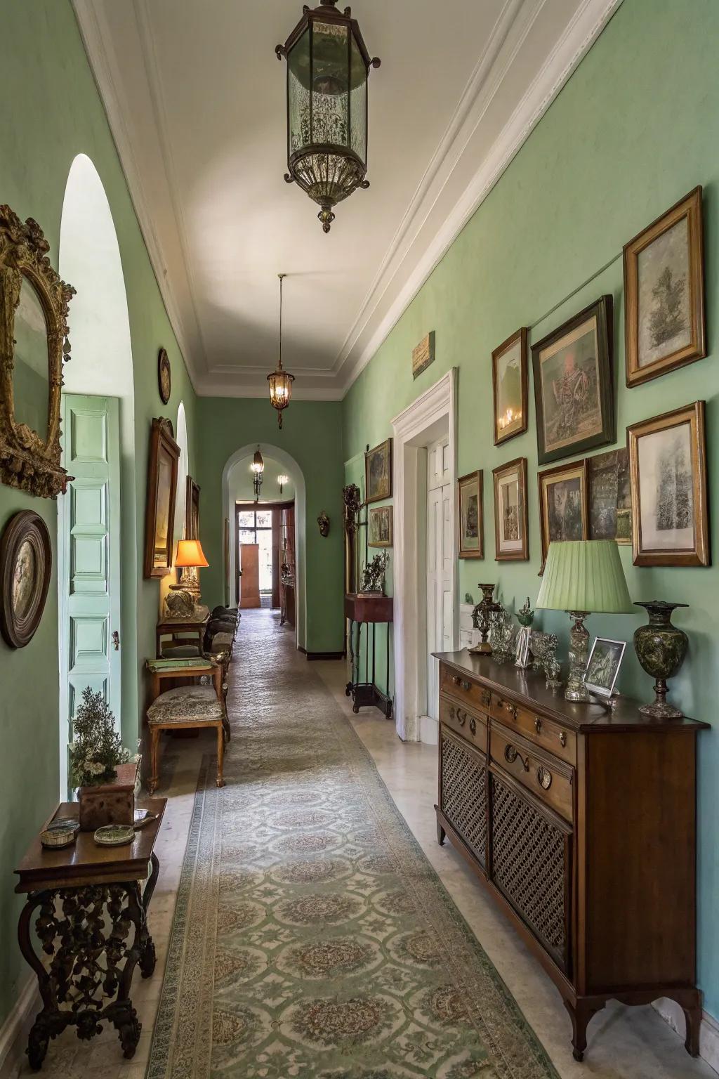A stylish hallway featuring soft mist green walls.