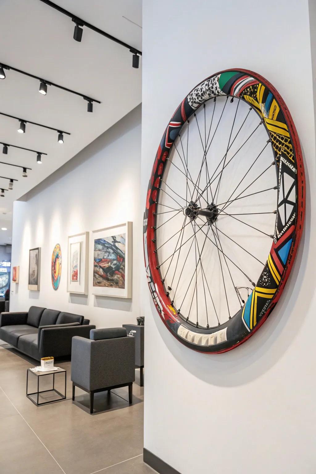 An abstract bicycle wheel wreath with bold colors and patterns for an artistic touch.