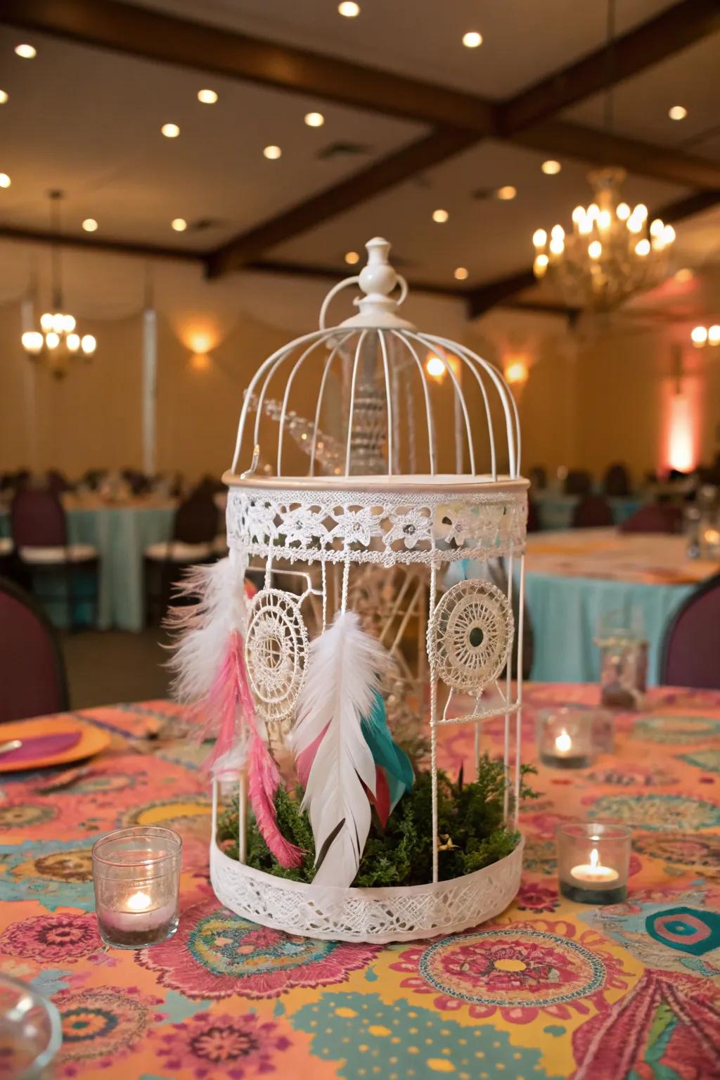 A bohemian-inspired bird cage centerpiece featuring artistic elements.