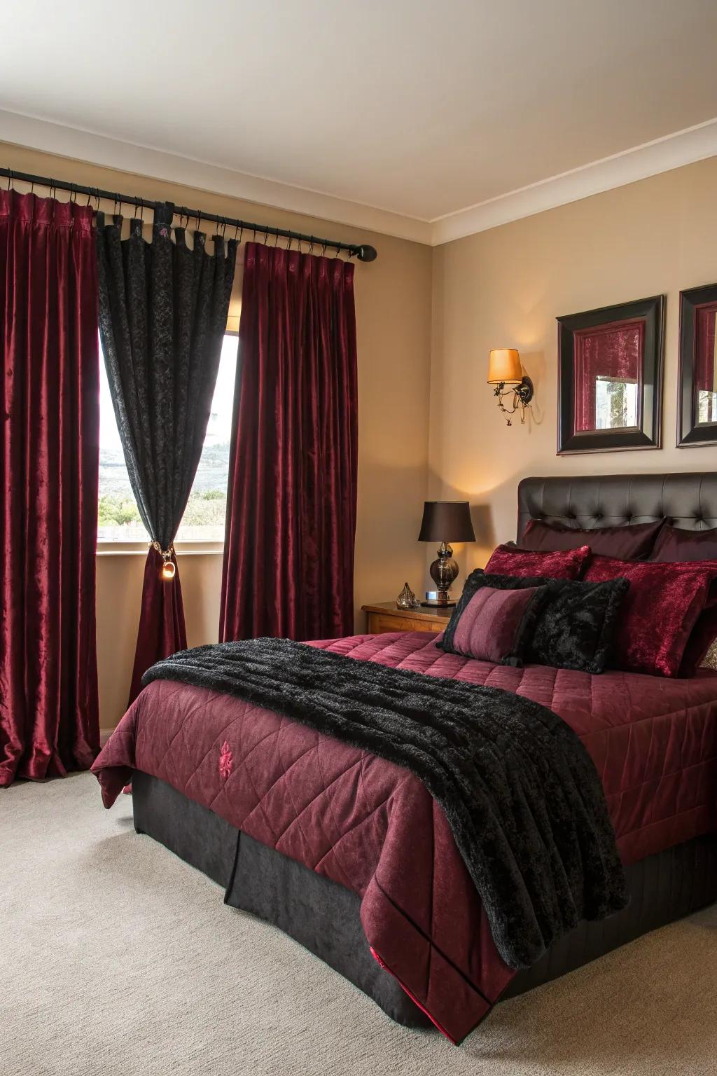 Black and burgundy window dressings add panache and seclusion.