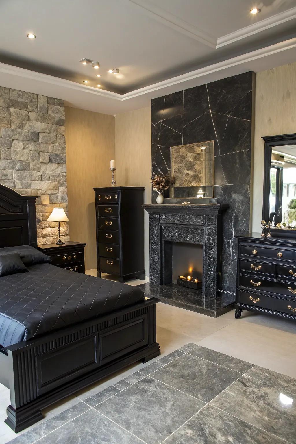 Dark stone elements add natural luxury to this bedroom.