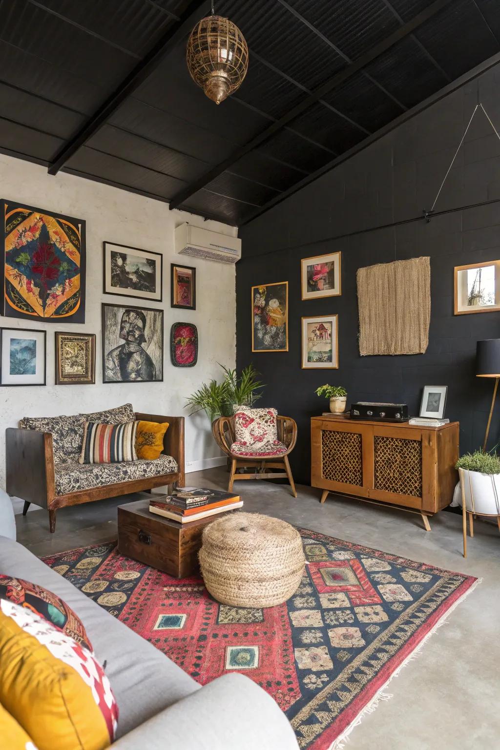 An varied style room where diverse decor meets a black ceiling.