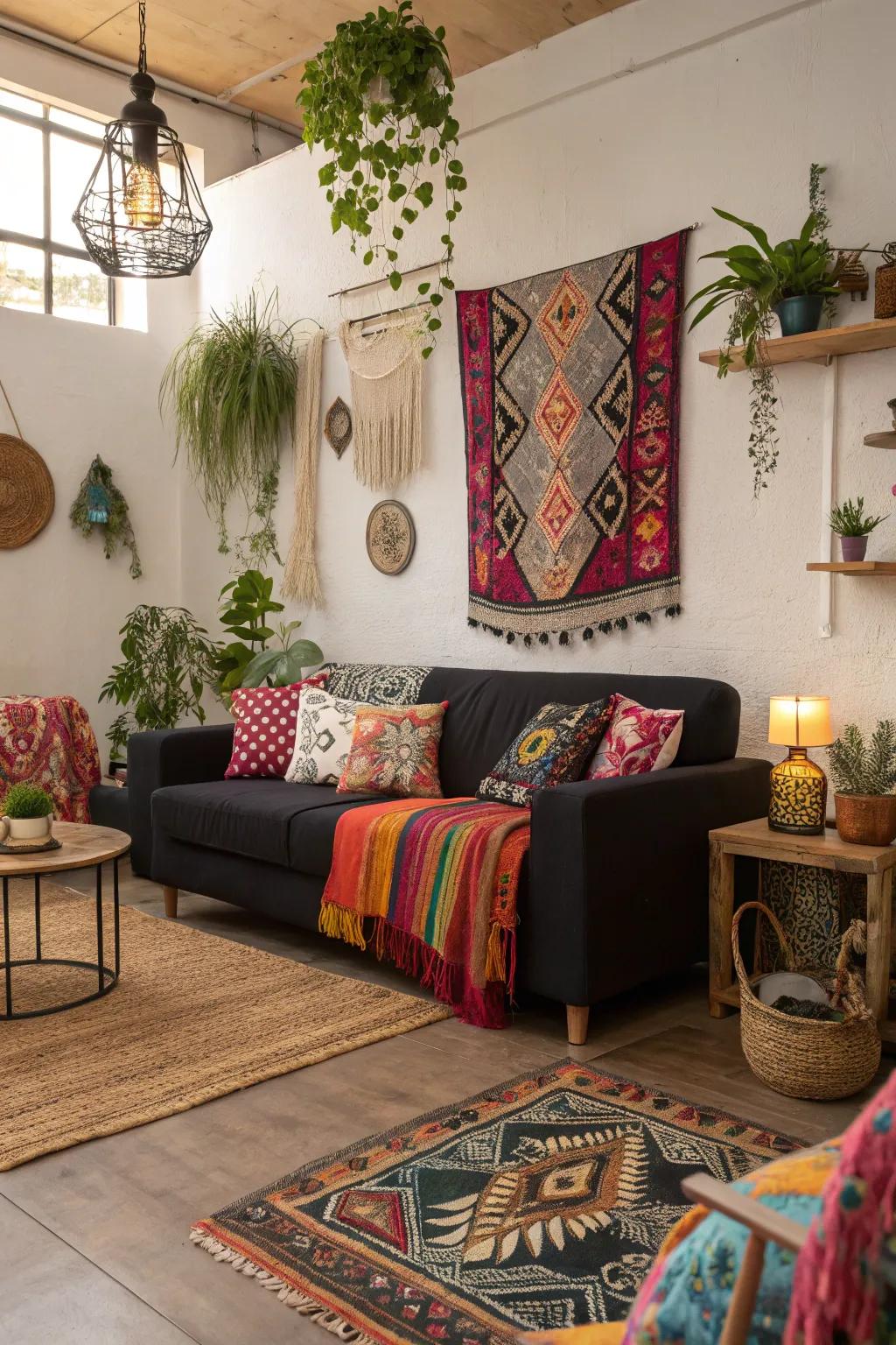 A black couch in a bohemian setting.