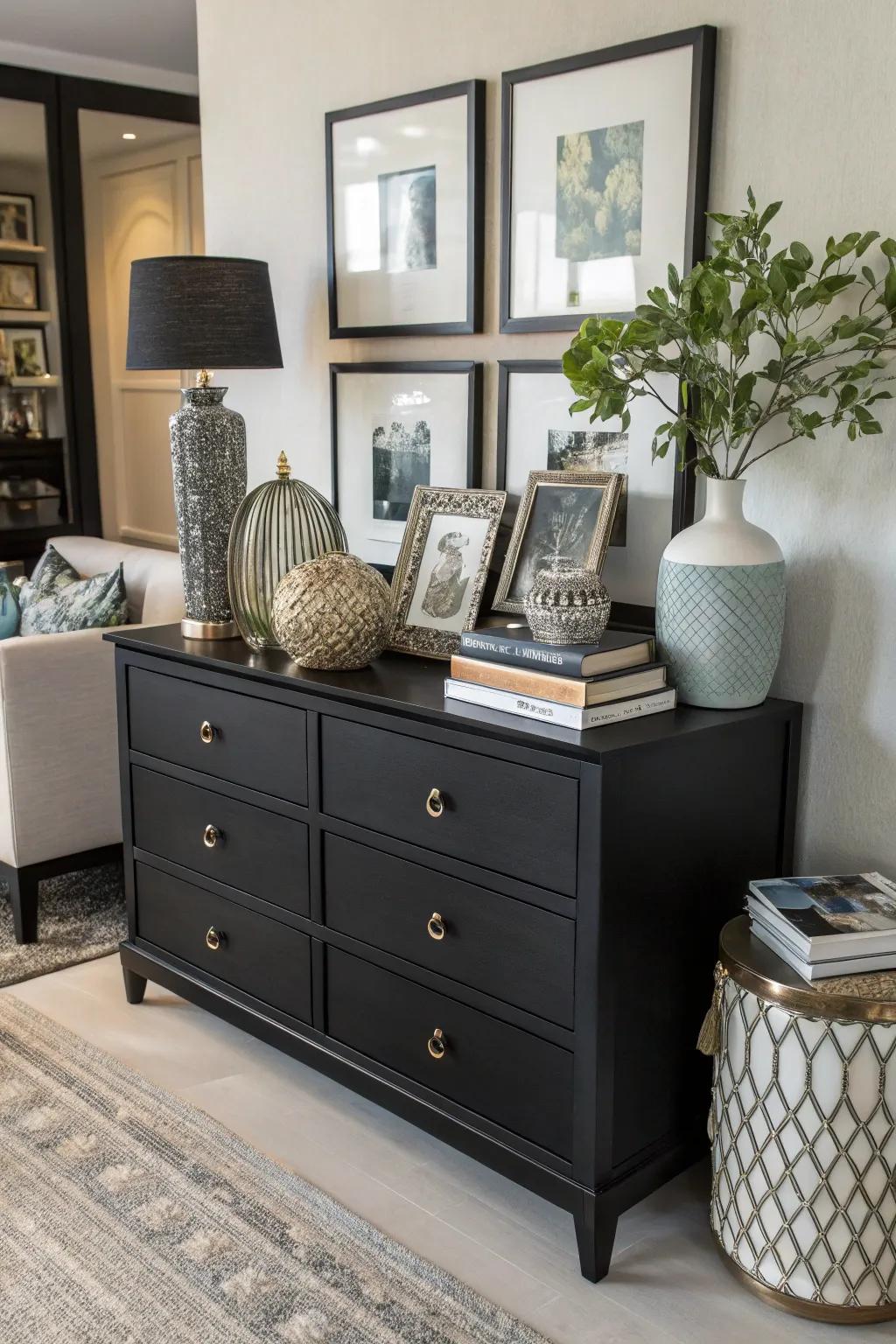 A dark stained dresser showcasing the art of layering with diverse decor.