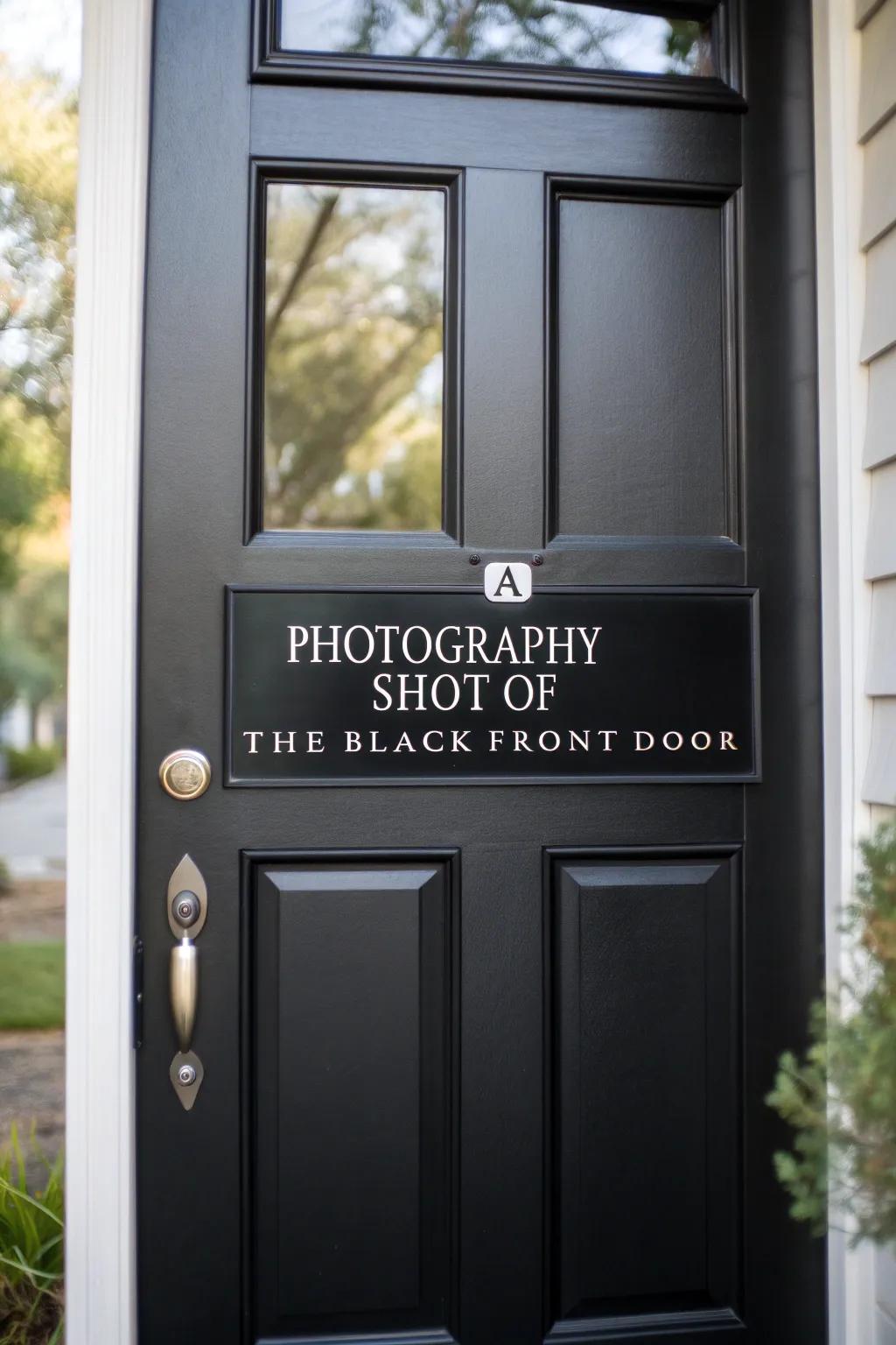 A custom address plate adding a personalized element to a dark-toned entrance.