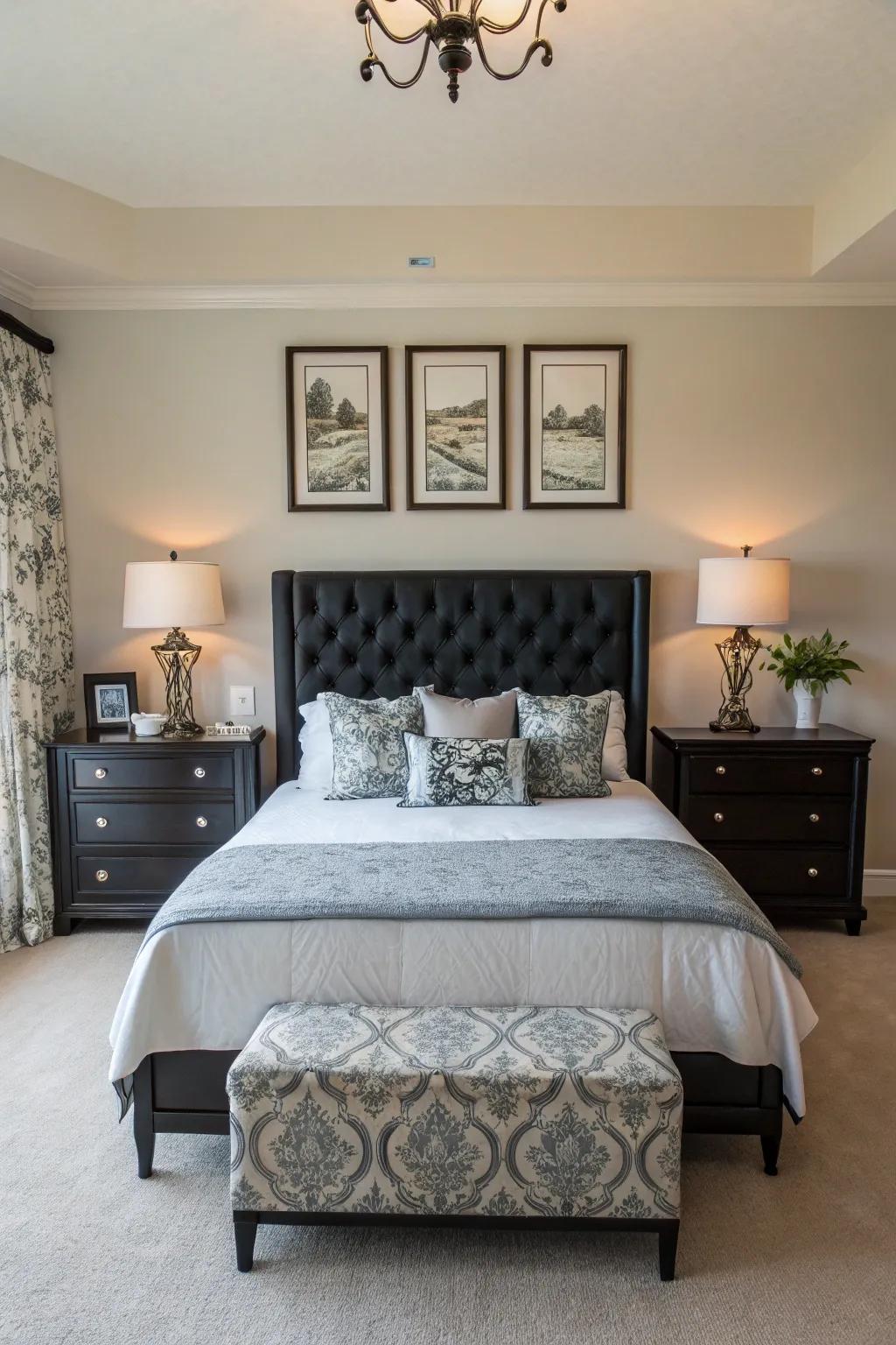 Balanced bedroom showcasing harmonious design and a dark headboard