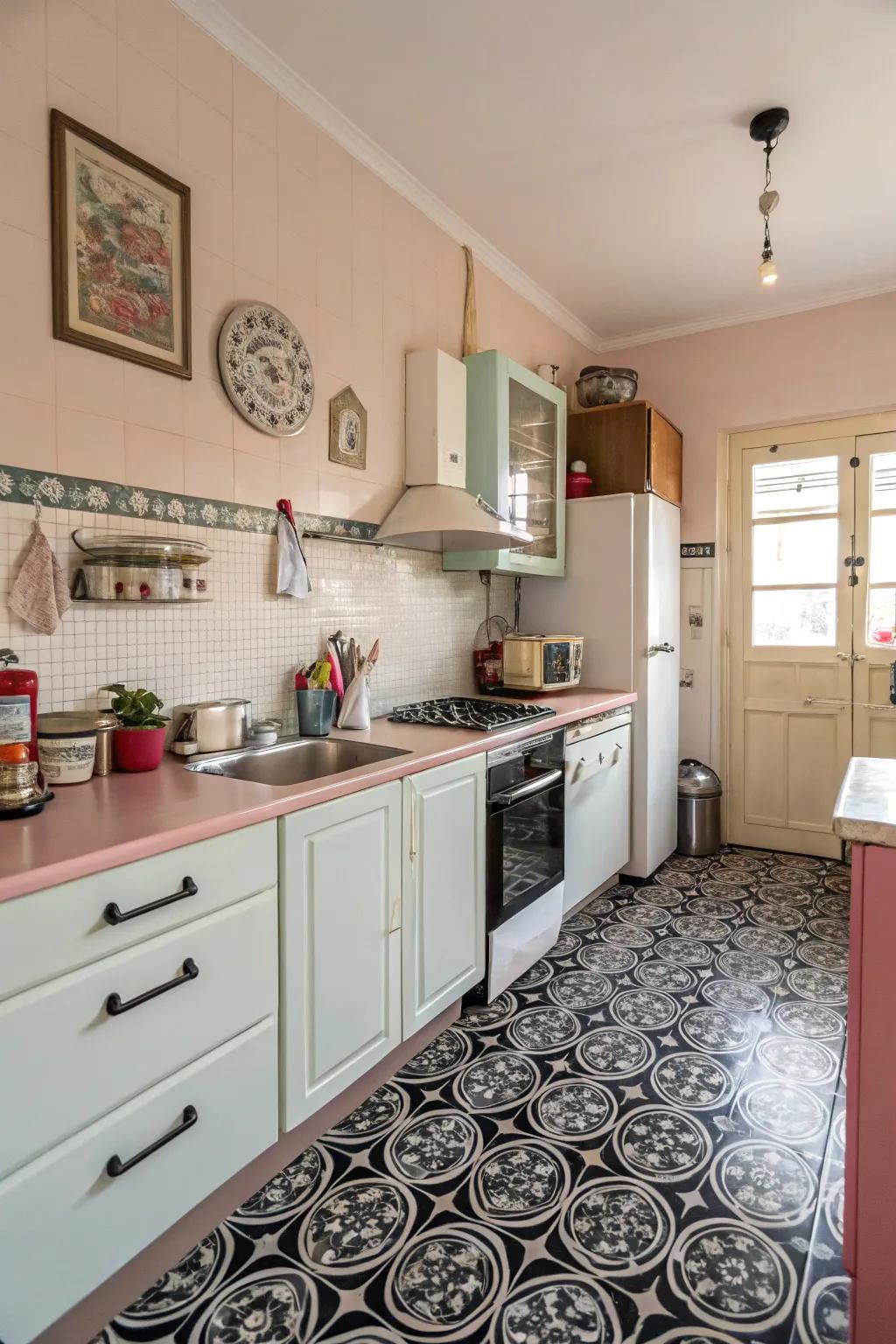 A retro kitchen with black patterned floors.