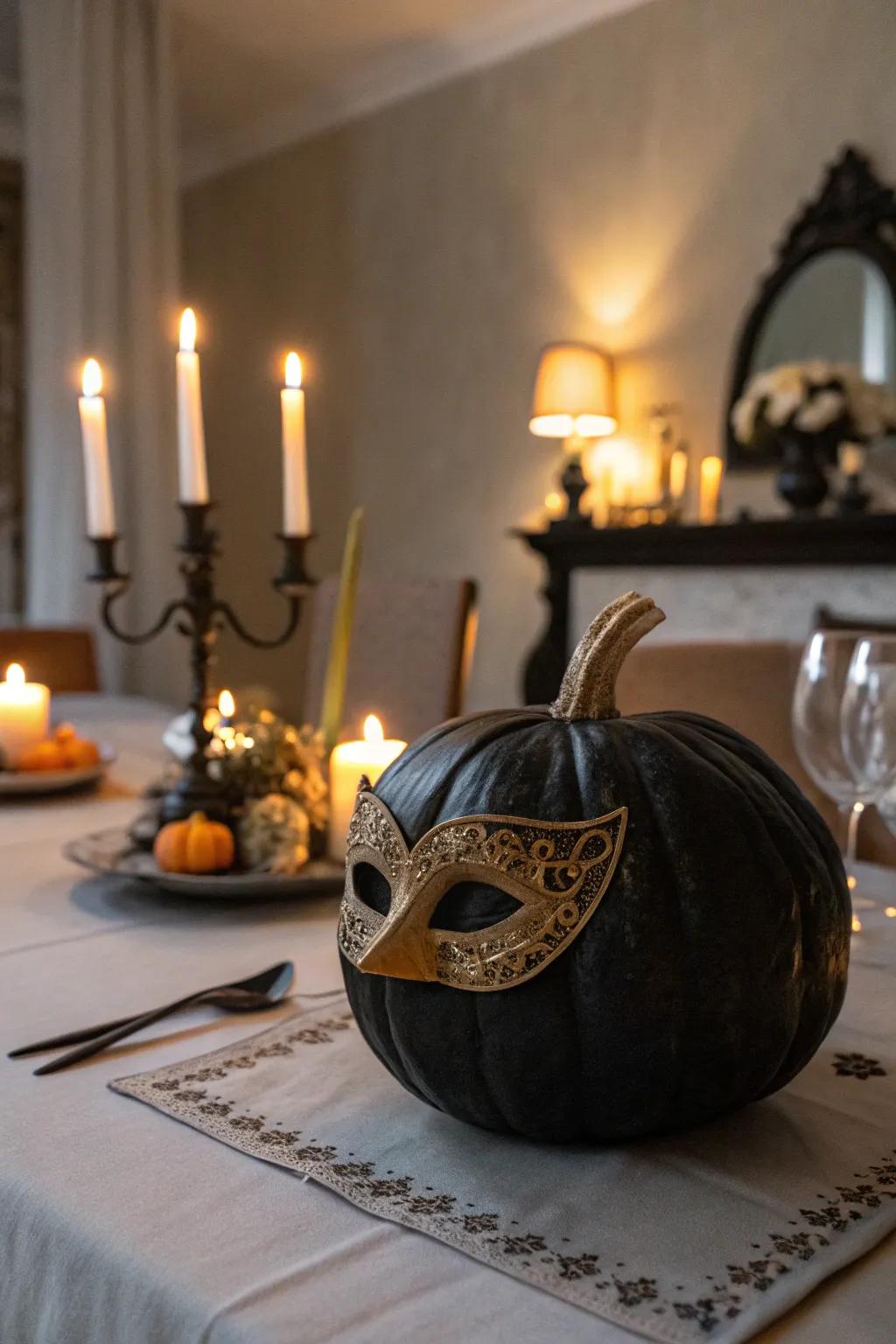 A jet gourd featuring a masquerade face covering, ideally suited for an exquisite All Hallows' Eve festivity.
