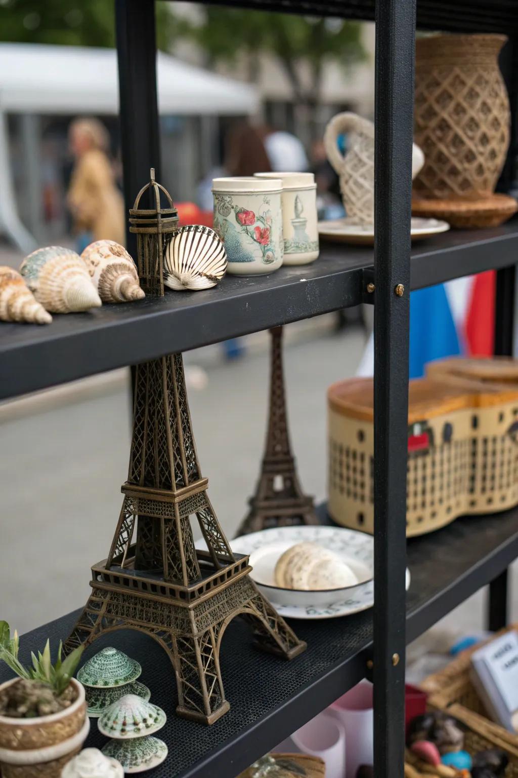 A personal collection of travel souvenirs displayed on a black shelf.