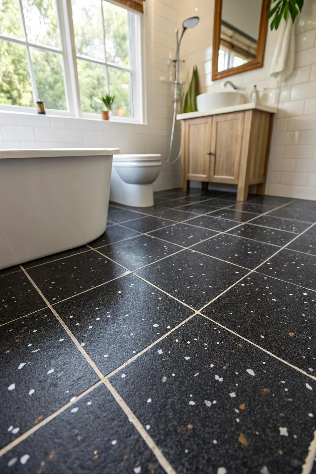 Dark stonechip panels add a dramatic texture to the bathroom floor.