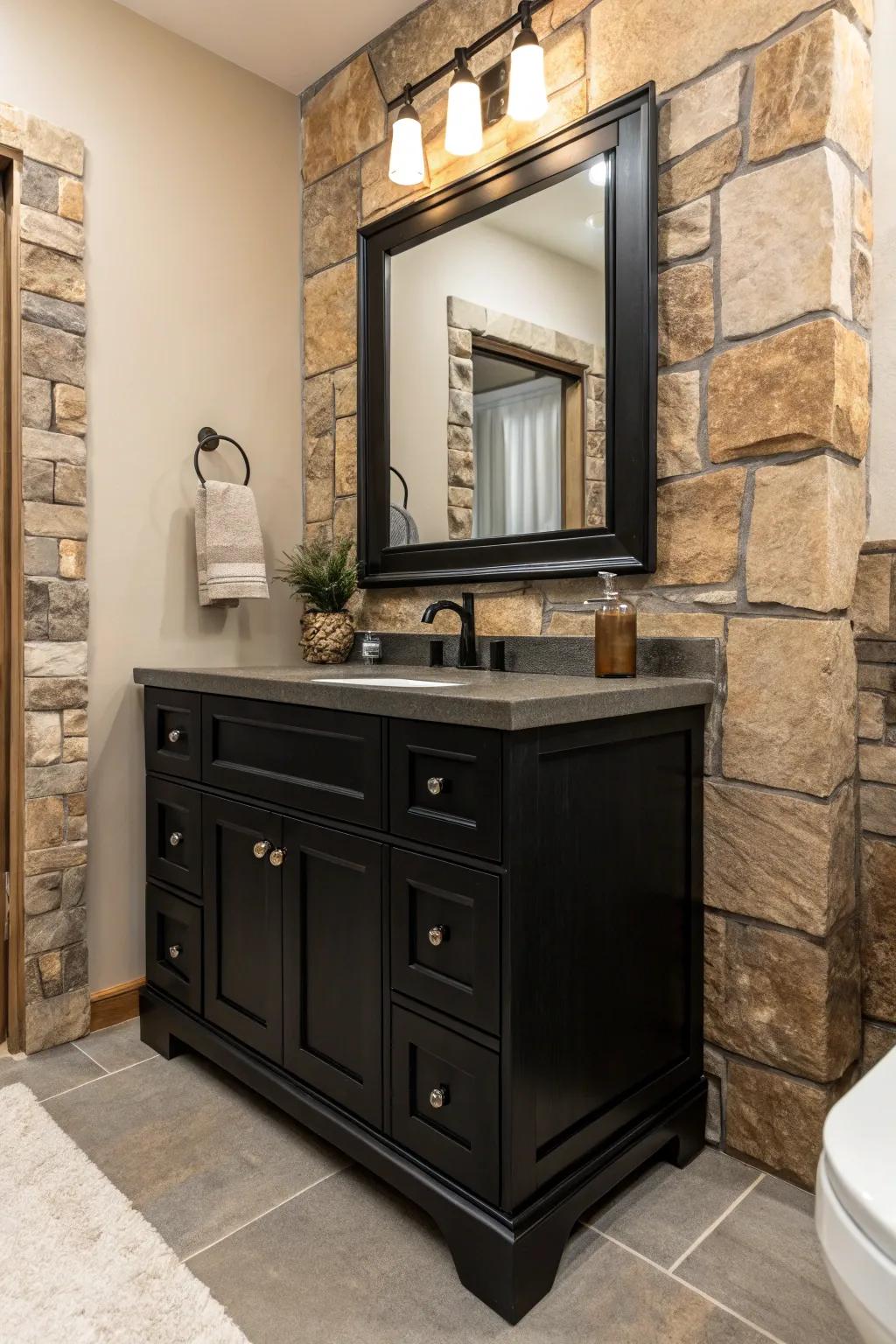 Natural stone elements add an earthy and textured charm to a dark vanity bathroom.