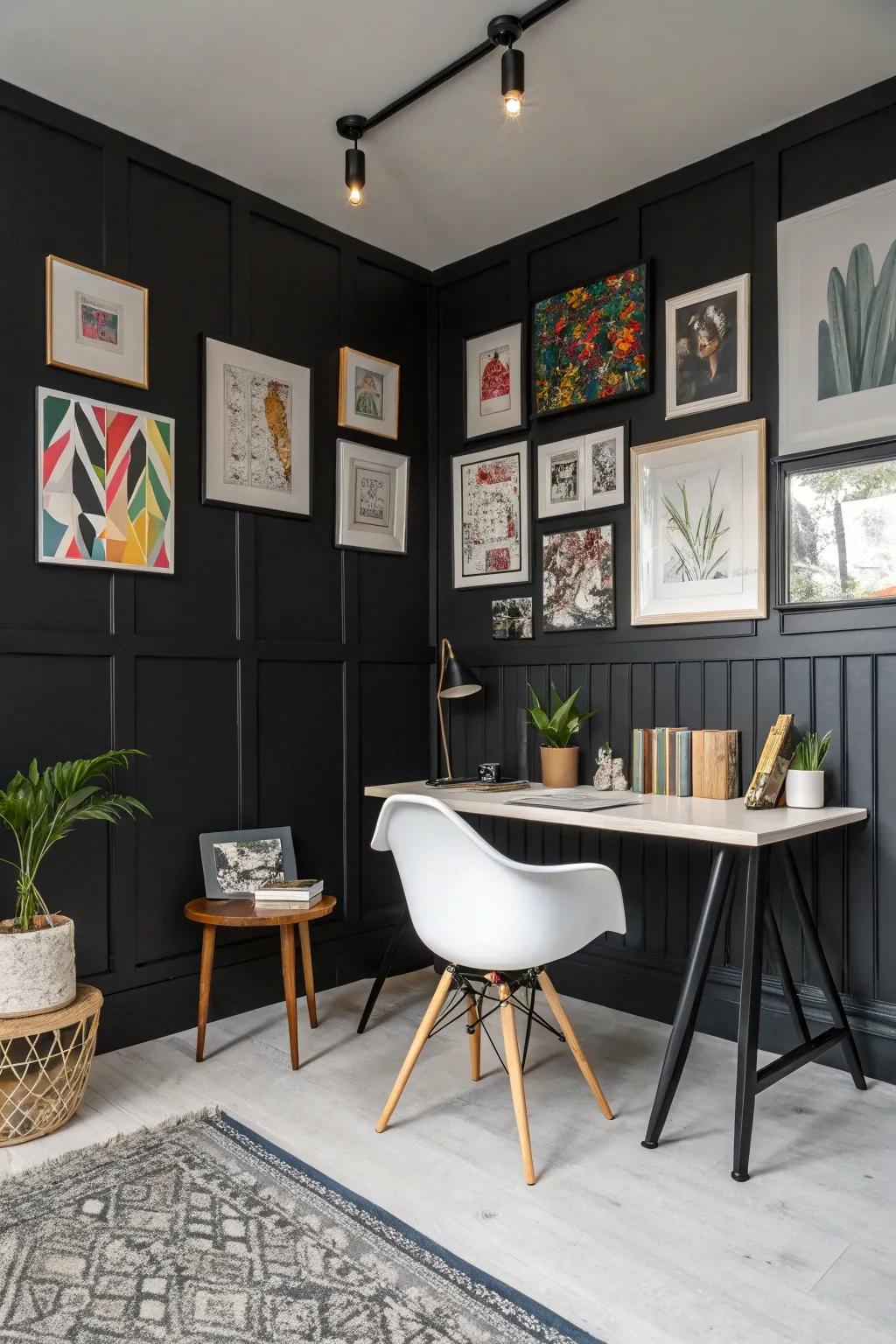 A creative studio with a sophisticated black wainscoting backdrop.