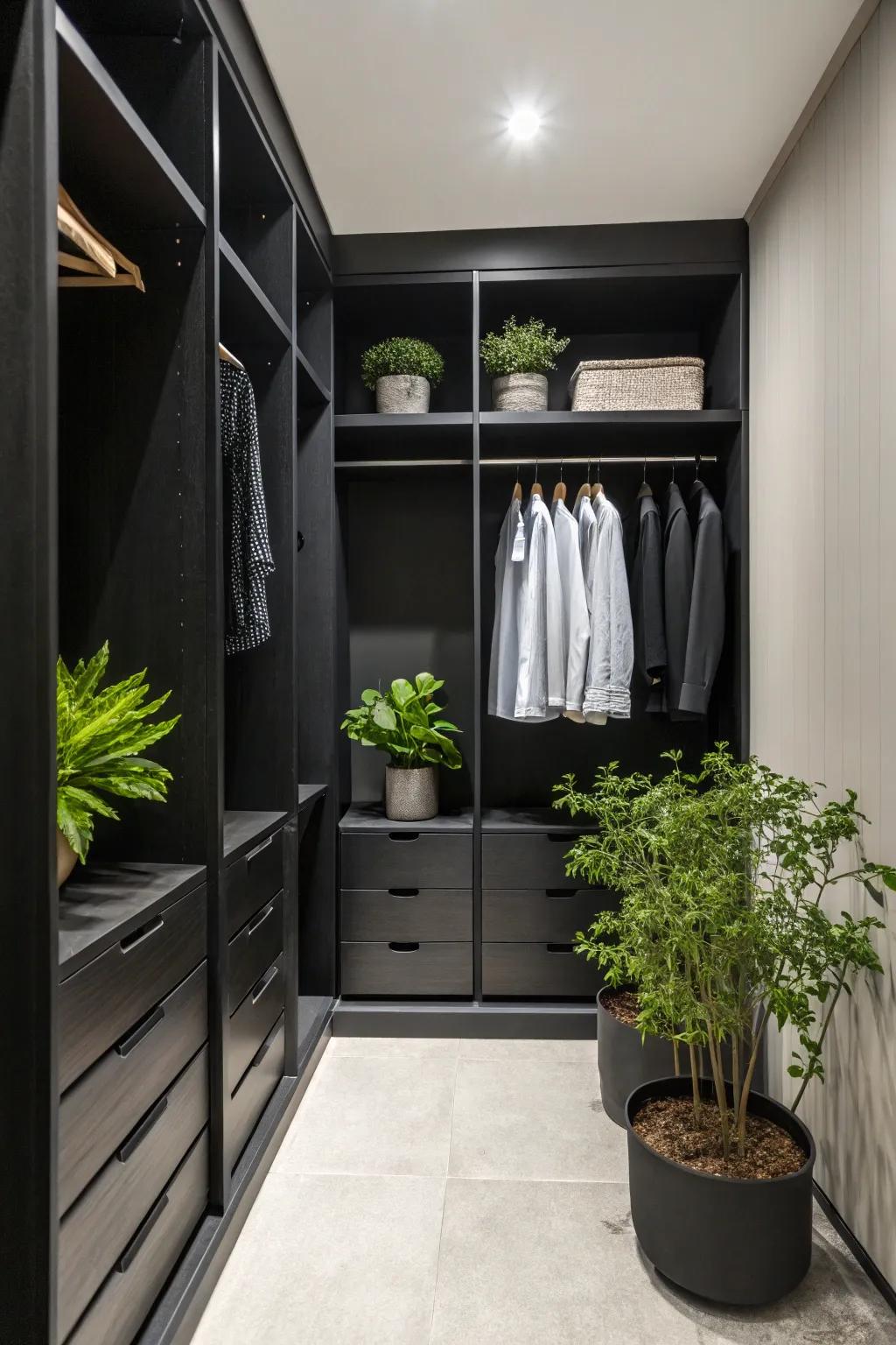 Greenery brings a refreshing detail to the elegant black closet.